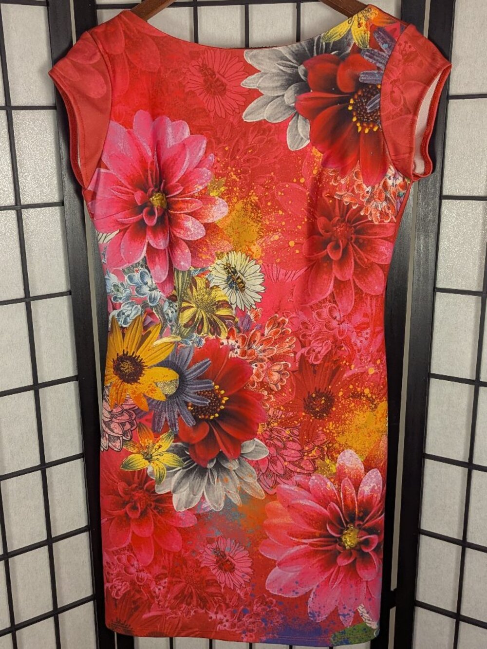 Desigual Floral Sheath Dress Red Pink Art Print Gold Studded Stretch | Sz Large